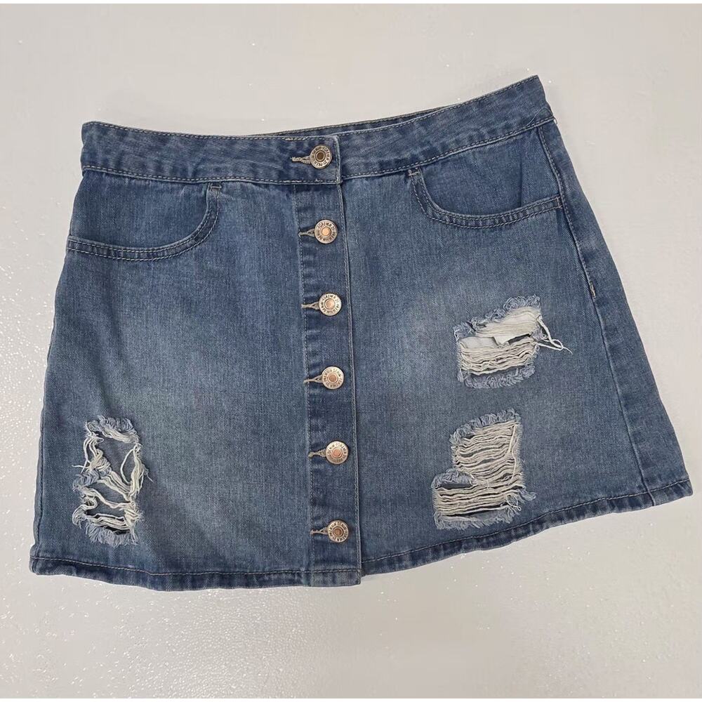 Forever 21 Distressed Denim Mini Skirt Button Front Medium Wash Size Large